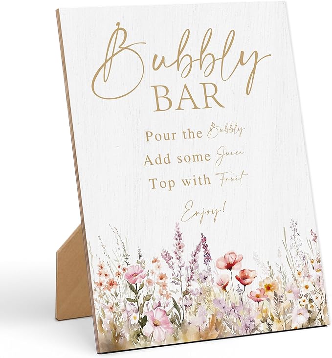 Floral Wedding Bubbly Bar Sign, Wedding Reception Table Decorations, Reception Table Wooden Sign with Back Stand for Bridal Shower Parties, Engagement Night Accessories, Anniversary Party, 4