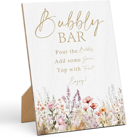 Floral Wedding Bubbly Bar Sign, Wedding Reception Table Decorations, Reception Table Wooden Sign with Back Stand for Bridal Shower Parties, Engagement Night Accessories, Anniversary Party, 4