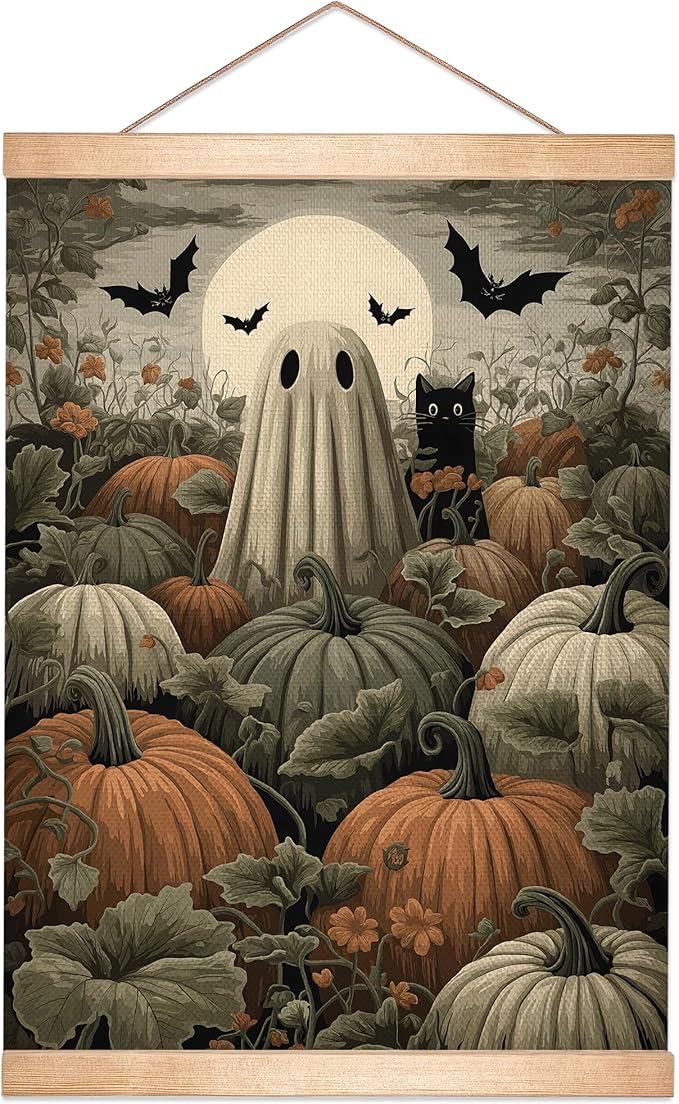 Halloween Ghost and Black Cat Pumpkin Field Wall Art, 18.5x14 Inch Gothic Halloween Linen Canvas Print, Vintage Spooky Fall Decor, Retro Witch Gothic Wall Hanging Poster for Living Room Kitchen (BLK11)