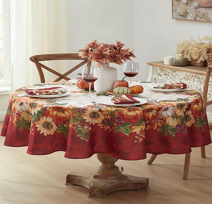 Newbridge Thanksgiving Autumns Bounty Bordered Fabric Tablecloth, 60 x 84 Inch Oval Bountiful Farm Pumpkin Fall Harvest Multicolor Easy Care Table Cloth for Holiday Party