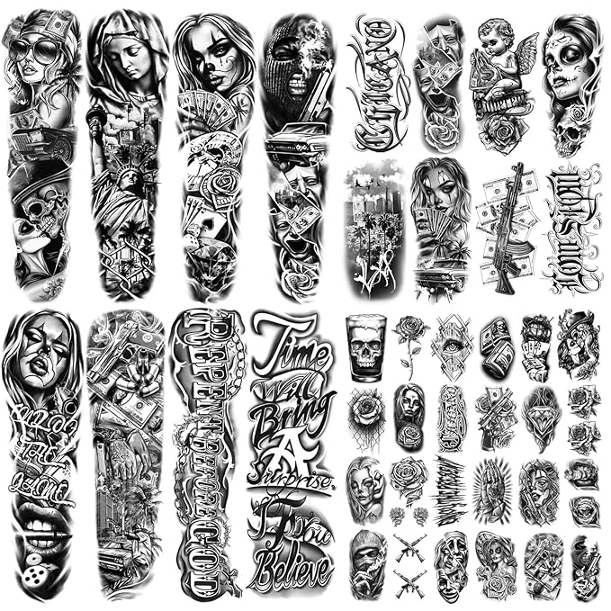 46 Large Chicano Temporary Tattoo for Men Women, Full Arm Day of the Dead Gangster Prisoner Fake Tattoos Mexico Cholas Lowriders Clown Tattoos, Tiny Cosplay Body Tattoos Stickers Realistic Adult Kid