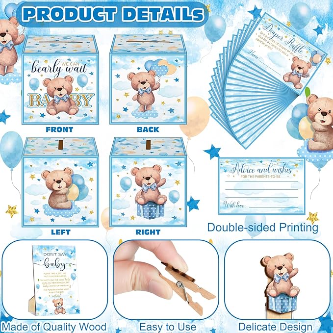 102 Pcs Bear Pins for Baby Shower Game Theme Supplies Diaper Raffle Tickets with Diaper Raffle Card Box Don't Say Baby Sign Mini Clothespin Shower Game Decor for Gender Reveal(Blue Bear)