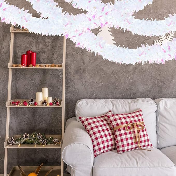 Dilunave 40 Feet Christmas Tinsel Garland Metallic Foil Twist Tinsel Garland Decoration for Christmas Tree, Wedding, Birthday and Party Hanging Decorations(White)