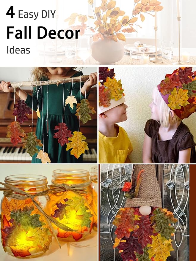 500PCS Artificial Autumn Oak Fall Leaves Cloth Assorted Mixed Autumn Maple Leaf Art Scrapbooking Decor for Thanksgiving Wedding Party Events Indoor Outdoor Wreath Decoration (5 Colors and 2 Sizes)