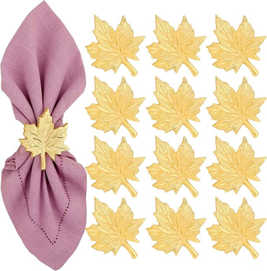 Set of 12 Maple Leaf Napkin Rings - Handcrafted Aluminum Napkin Holders for Cloth & Paper Napkins, Elegant Table Décor for Wedding Receptions Thanksgiving Christmas Holiday Parties (Gold) CLEENTABLE