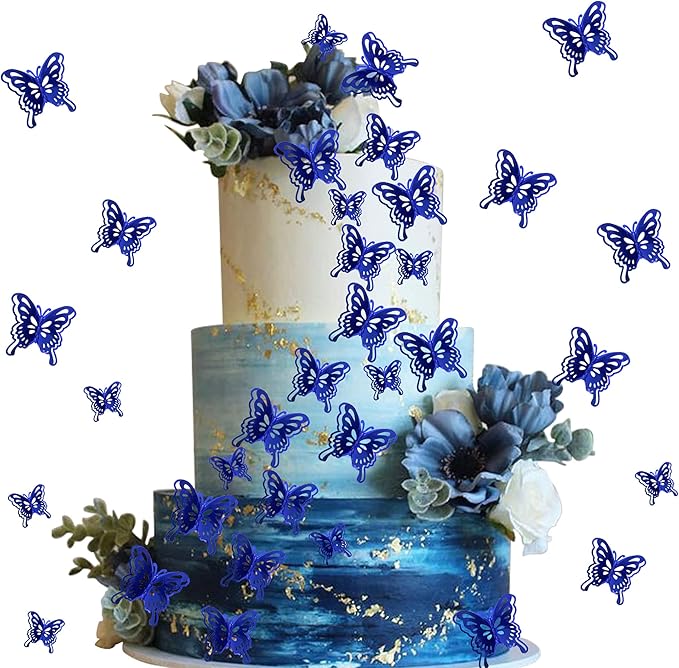 40 PCS Deep Blue Lively 3D Butterfly Cupcake Toppers Hollow Art Butterfly Cake Topper Decorations for Baby Shower Wedding Anniversary Kids Birthday Party Supplies Mixed Size
