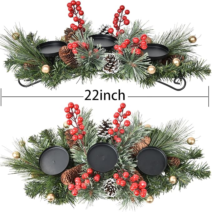 DearHouse Christmas Candle Holder Centerpiece, Pine Cones and Red Gold Berry Table Centerpiece with 3 Candle Holders Table Accent Centerpiece for Festival Home Decoration22 x10 x5(L x W x H)