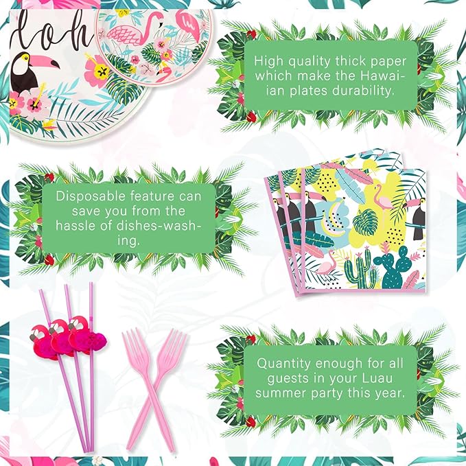 Hawaiian Luau Party Decorations Plates and Napkins Set - Flamingo Party Plates Napkins with Straws Forks Disposable Dinnerware Set for Hawaiian Luau Aloha Tropical Birthday Party Supplies , Serve 25