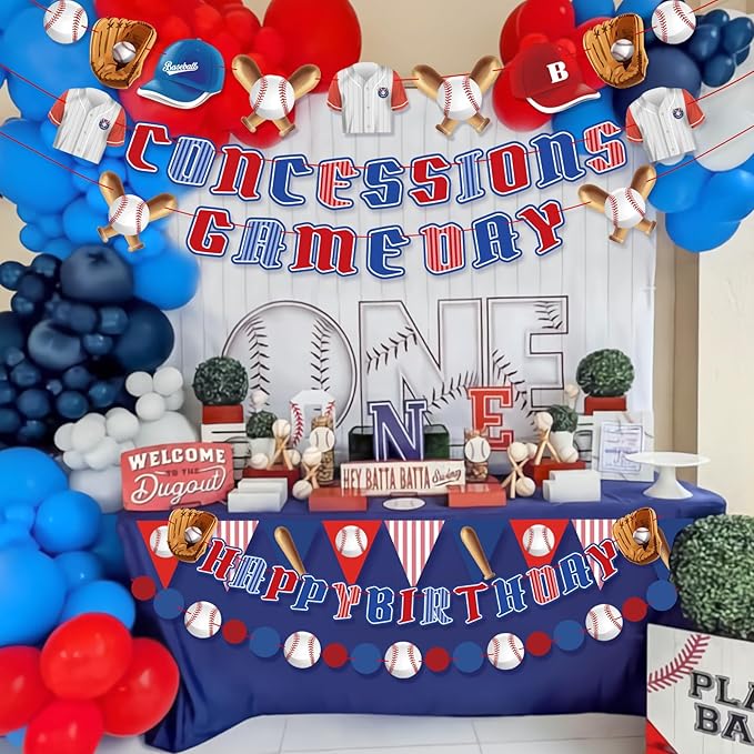 Pre-Strung Baseball Party Decorations with Concessions and game day Banners, Happy Birthday Baseball Party Supplies, Sports Themed Birthday Decorations with Baseball Triangle Bunting Pennant Flag