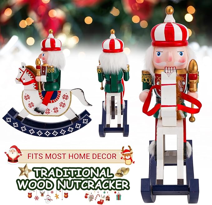 11" Wooden Rocking Horse Soldier Nutcracker, Festive Christmas Decoration, Handcrafted Nutcracker Collectible Christmas Decor for Tabletop, Shelves, and Fireplace Mantel