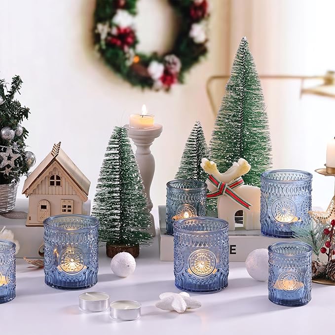 Volens 20pcs Assorted Blue Votive Candle Holders Bulk, Large Glass Votive & Tea Light Candle Holder for Wedding Table Centerpieces, Blue Party Decorations, and Home Decor
