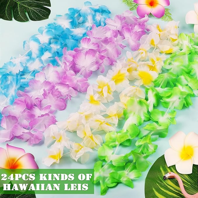 24pcs Leis for Luau Party, Hawaiian Leis Bulk Decorations Silk Flower Necklace, Colorful Tropical Hawaiian Bulk Hula Dance Party Decor, Flower Leis Summer Beach Pool Party Decorations Favors Supplies