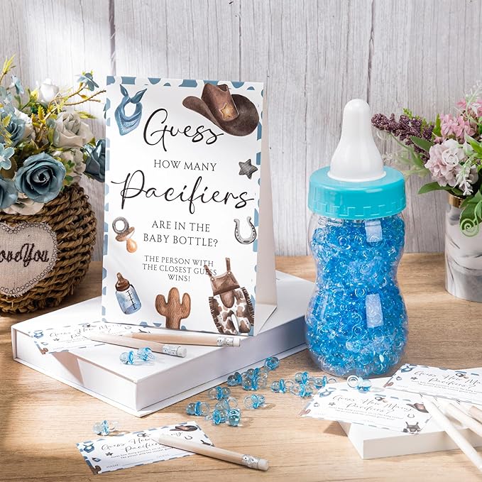 Roowest 512 Pcs Baby Shower Games Guess How Many Pacifiers Sign 100 Small Guessing Games 10 HB Pencils 750ml Milk Bottle 400 Acrylic Pacifiers Decoration for Guest Gender Reveal(Blue,Cowboy)