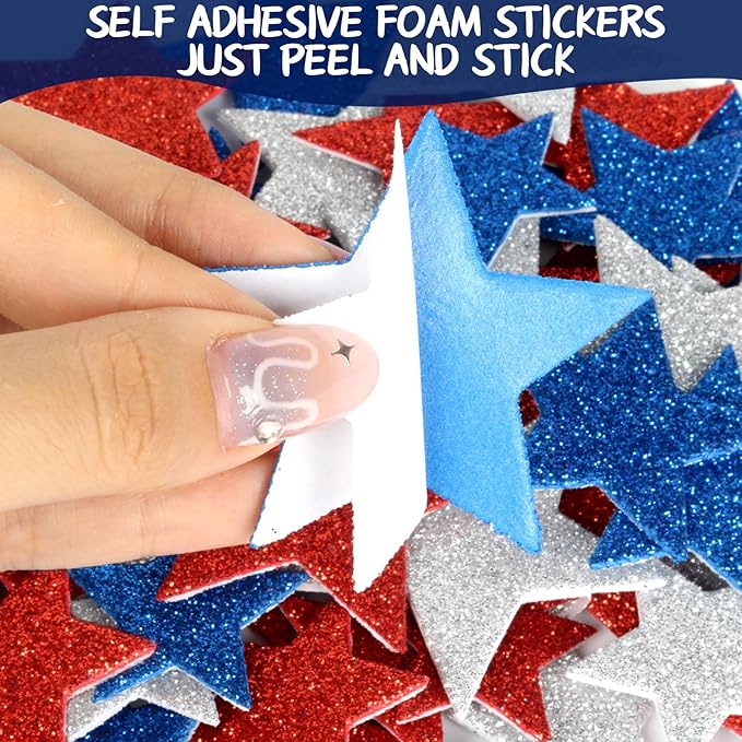 320Pcs Patriotic Foam Stars Stickers, 4th of July Foam Star Shaped Stickers Glitter Star Sticker Red White and Blue Stars Sticker for Home Office School Classroom DIY Art Craft Party Supplies