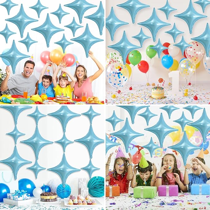 Blue Star Balloons,12Pcs Four Angle Star Foil Balloons,26Inch and 10Inch Light Blue Quadrangle Helium Balloon for Birthday Anniversary Baby Shower Wedding Party Decorations