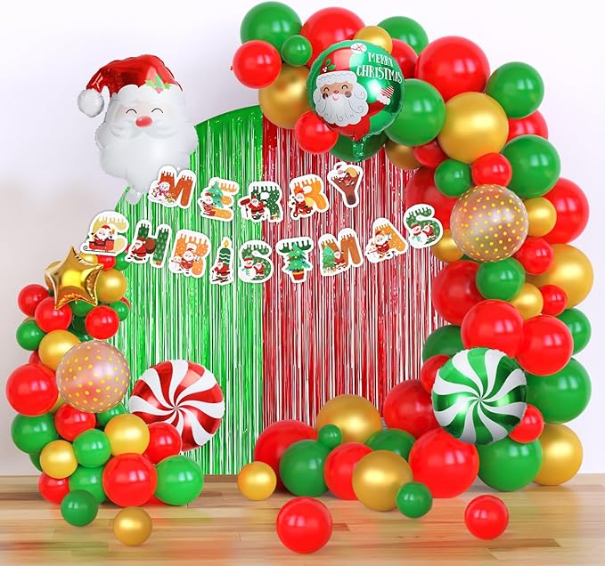 71 Pcs Christmas Balloons Garland Arch Kit Gold Sequined Balloons, Red Green Foil Fringe Curtain Christmas Birthday Backdrop Party Balloons Supplies