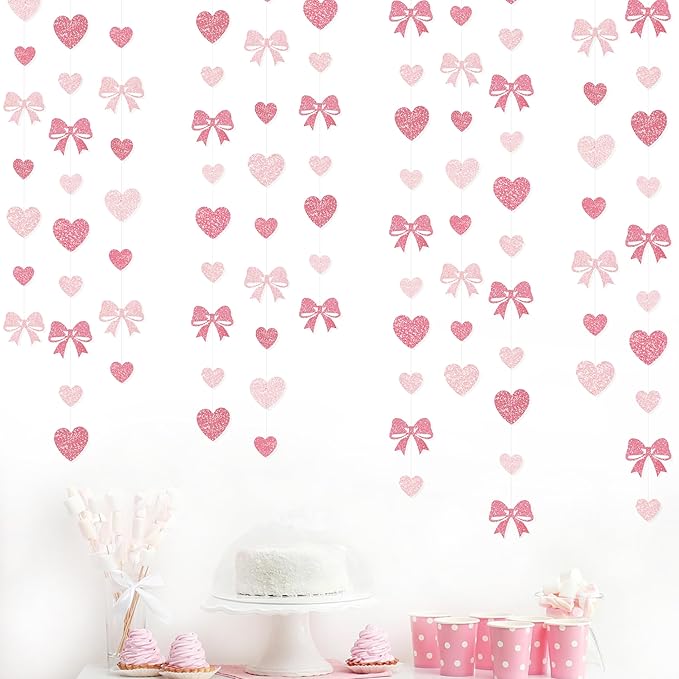 Pink Bow Decorations Pink Glitter Paper Heart Bow Hanging Garland Streamer for Coquette Birthday Valentines Bachelorette Anniversary Wedding Bridal Shower Baby Shower Hen Party Decorations Supplies