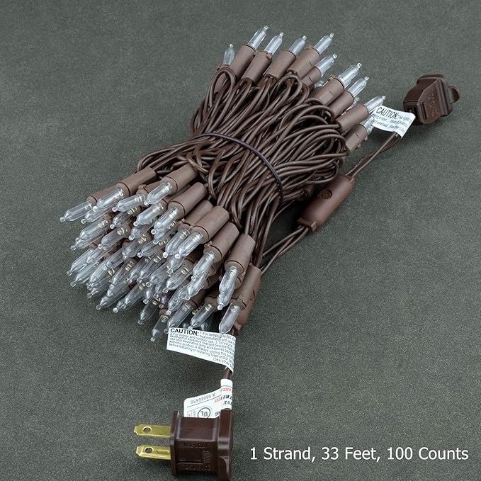 YULETIME Warm White LED Christmas Lights with Brown Wire, 33 ft 100 Count UL Certified Commercial Grade Holiday String Light Set (Warm White - Brown Wire)