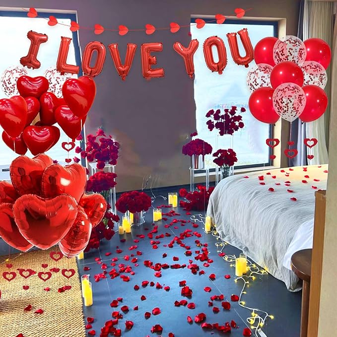 Valentine's Day Decorations 2 Set Red I LOVE YOU Balloons - 1200pcs Red Artificial Rose Petals 16" Letter Balloons 18" Heart Foil Balloons Latex balloons 10 heart balloons Hanging Swirls Heart Banner