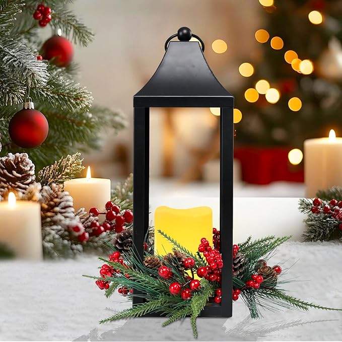 Christmas Lanterns Decorative Indoor, 2 Pack Christmas Lantern Outdoor, 16 Inch Decorative Candle Lanterns Flameless Light with Pine Cones and Berries for Table Centerpieces,Home, Porch Decor