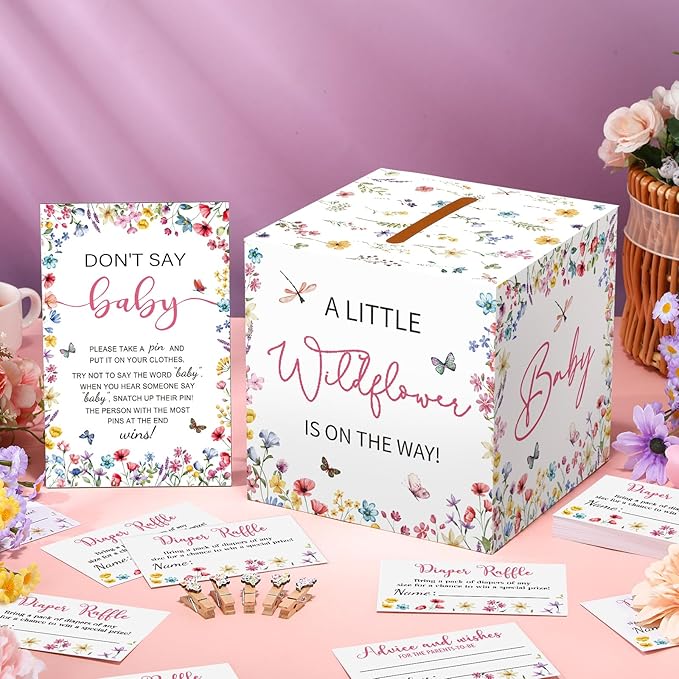 102 Pcs Baby Shower Game Supplies Diaper Raffle Tickets with Diaper Raffle Card Box Don't Say Baby Sign Mini Clothespin Baby Shower Game Decor for Baby Shower Gender Reveal(Wildflower)