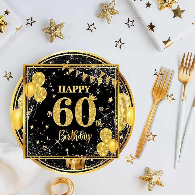 60th 7 inch Birthday Party Paper Plates and Napkins Forks 60 pcs Black Gold Decorations for Boys Girls Tableware Set for Birthday Anniversary Party Supplies,Serve 20