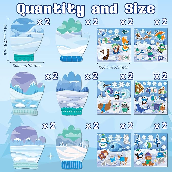 CY2SIDE 12 Set Polar Animal Glove Scene Sticker Art Craft for Kids, Make A Winter Glove Scene with Polar Animal Sticker, DIY Winter Holiday Party Games for School Classroom Activities
