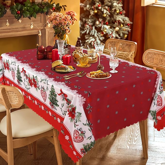 LUSHVIDA Christmas Rectangle Table Cloth – Washable Water Resistance Holiday Microfiber Tablecloth Decorative Table Cover for Banquet Party Kitchen Dining Room, 60 x 84 Inch