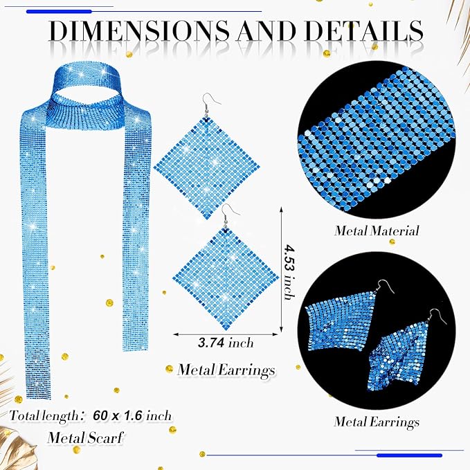 Sasylvia 5 Pcs 70s Disco Accessories Halloween Women Costume Jewelry Sequin Scarf Earrings Sunglasses Bracelet Headband