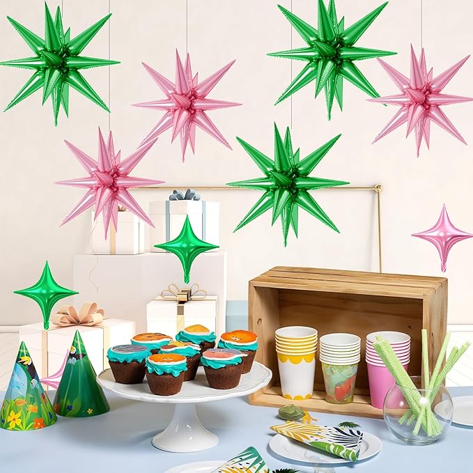 18 Pcs Pink Green Star Balloons, Green and Pink Balloon with 6 Pcs 22-Inch Explosion Star Balloons 12Pcs 10-Inch Four Pointed Stars Foil Balloon for Wedding Forest Spring Birthday Party Decor