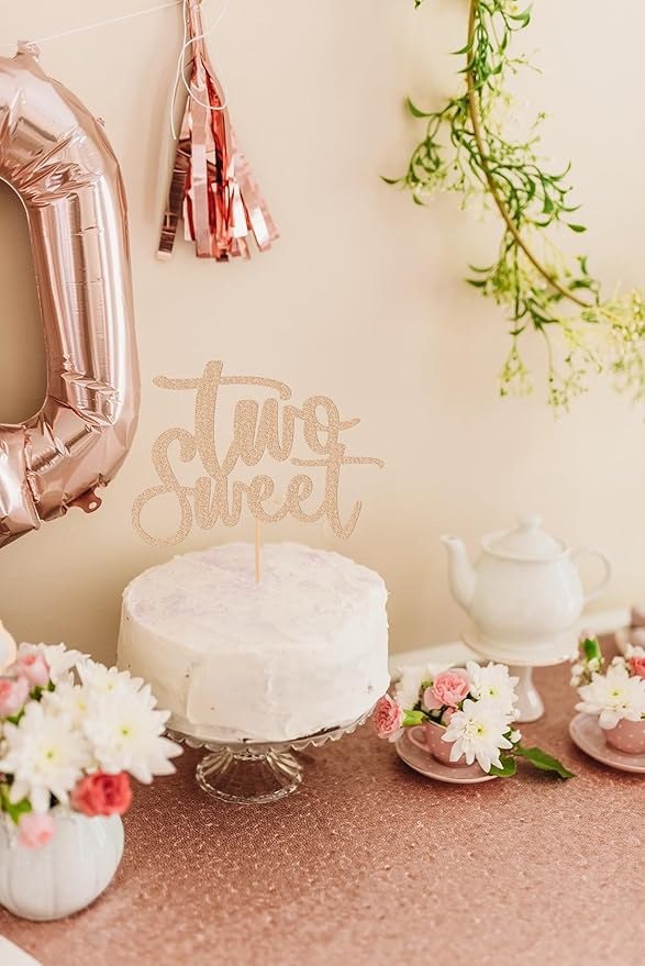 Two Sweet Cake Topper - Glitter Rose Gold 2nd Birthday Cake Decorations, Second Anniversary Cake Pick (Rose Gold)