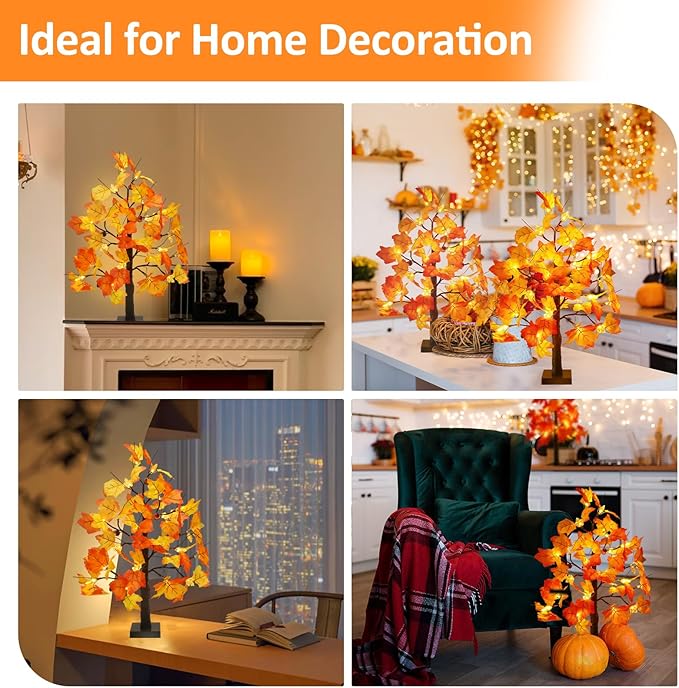 Joyhalo 2 Pack 23.5 Inch Fall Trees with Lights, Timer Battery Operated Fall Light Up Tree for Thanksgiving Autumn Home Office Room Indoor Decorations, Faux Fall Lighted Maple Trees Decor