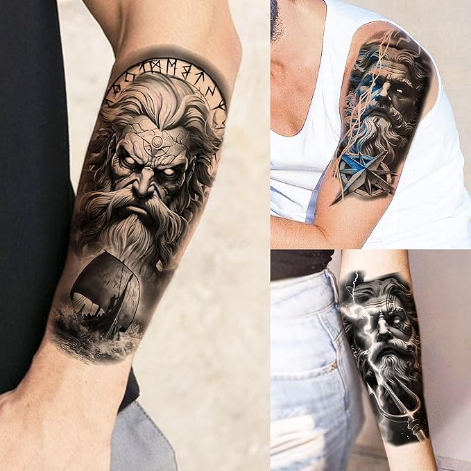 74 Sheets Black King Of The Greek God Zeus Temporary Tattoos For Women Men Adults Mythology, Poseidon Trident Halloween Fake Tattoo Stickers Compass Tribal Eye Totem, Temp Gothic Tattoo Lightning Bolt