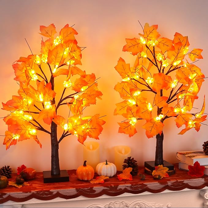 2 Pack 24 Inch Artificial Lighted Fall Maple Tree Thanksgiving Decorations with 48 LEDs Battery Operated Timer Prelit Acorn Maple Tree Lights for Thanksgiving Table Decor Home Indoor Autumn Harvest