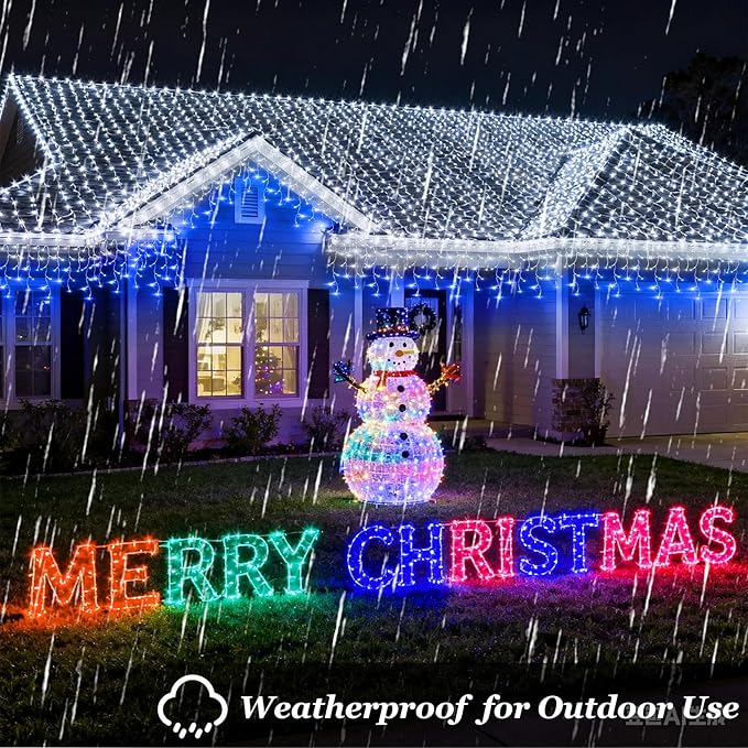 612 LED String lights Indoor Outdoor, 60ft Christmas Window Lights with 136 Drops 12 Modes, Dimmable Curtain Lights, Fairy Lights for Bedroom Holiday Wedding Party Home Decorations, Blue & White