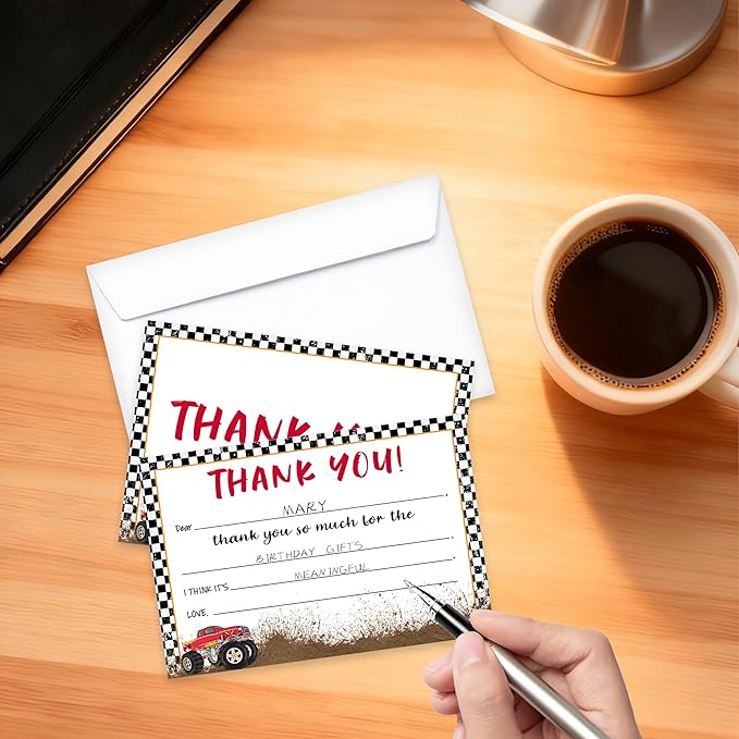 Kids Thank You Card, Truck Theme Thank You Notes, Racing Greeting Card With Envelope, Birthday Wedding Graduation Christmas Party Favors Supplies Decor(20 Pcs)-03