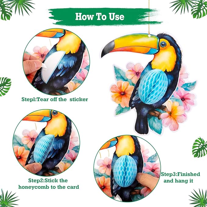 Tropical Party Decorations, Hawaiian Party Decor, with Paper Parrots Honeycombs and Hibiscus Flower Banner, Party Tissue Paper Pompoms for Summer Luau Tiki Jungle Themed Decorations