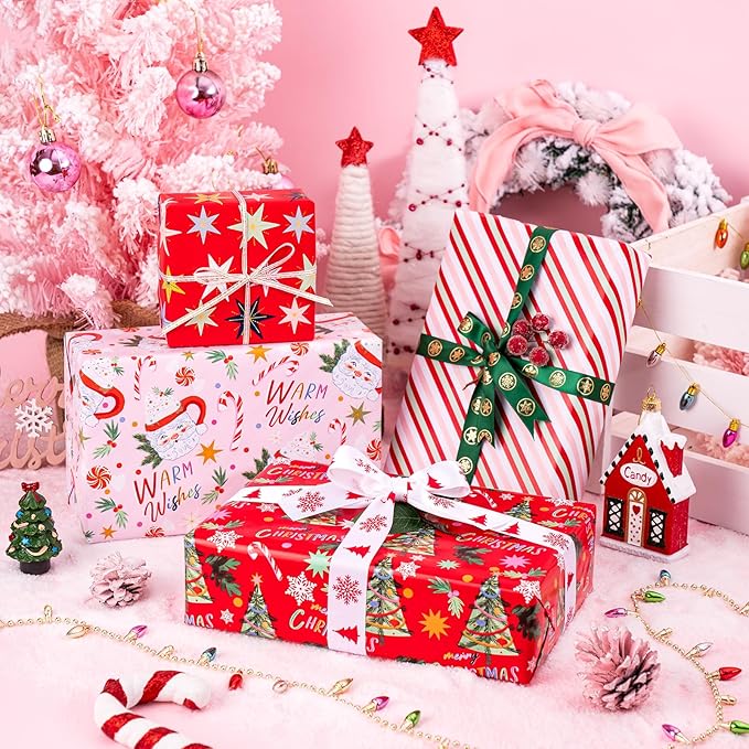 WRAPAHOLIC 30 Inch Christmas Wrapping Paper Roll - Jumbo Roll Red and Pink Santa Claus Cup, Christmas Tree Holiday Design - 4 Rolls - 30 Inch x 120 Inch Per Roll