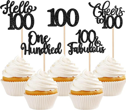 30PCS Happy 100th Birthday Cupcake Toppers One Hundred Cheers to 100 Years Birthday Cupcake Picks Hello 100 Fabulous Cake Decorations for Happy 100th Birthday Anniversary Party Supplies Black