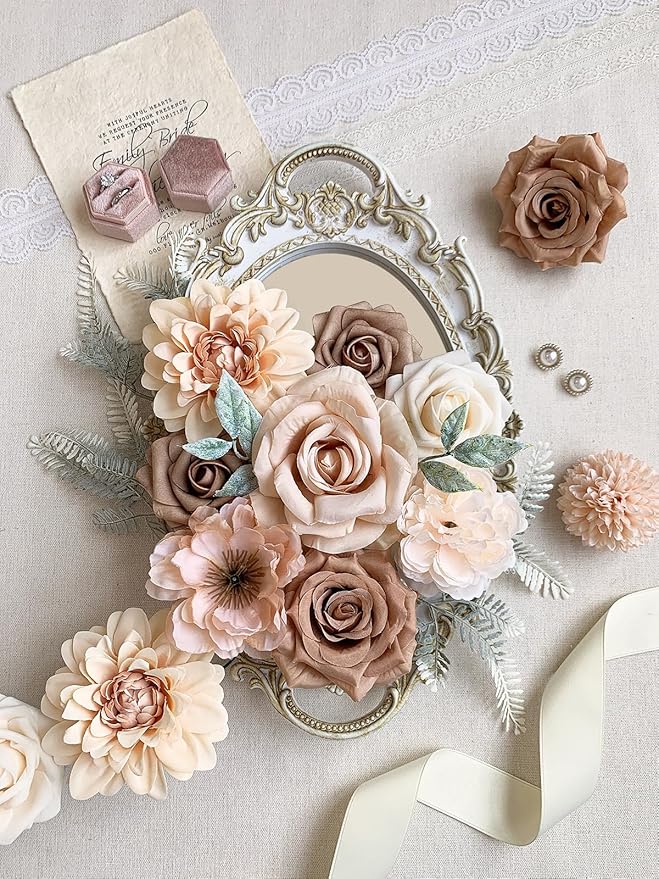 Roses Artificial Flowers Nude Fake Flower for DIY Wedding Bouquet Bridal Baby Shower Decorations Party Table Centerpieces Cake Decorating Silk Floral Arrangement Home Decor Indoor Beige