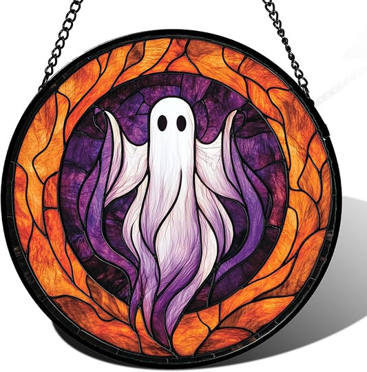 Stained Glass Window Hanging - Halloween Decorations White Purple Ghost Suncatcher for Doors Garden Indoor Spooky Funny Sun Catchers Gothic Decor Horror Gifts for Women Men Friend 15 in