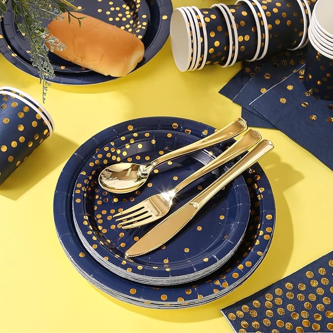175PCS Blue Plates and Napkins Party Supplies, Blue and Gold Party Decorations Serve 25 Guests - Royal Blue Paper Plates for Birthday 2025 Graduation Party Decorations