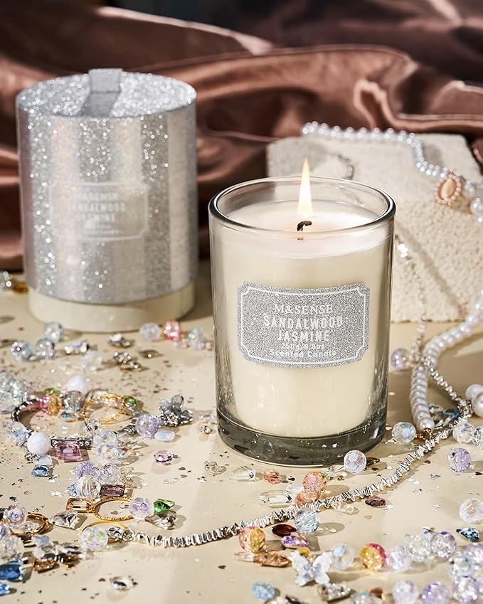 M&SENSE Sandalwood Jasmine Scented Candles, Classic Size 8.8 oz Glitter Jar Candle, Holiday Natural Candles Gifts for Women, 50 Hours Long Burning Candle for Winter Home Decor