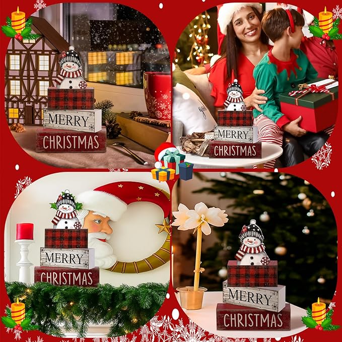 4 Pcs Christmas Table Decoration Wooden Snowman Christmas Tiered Tray Decor Red Buffalo Plaid Block Signs Snowman Table Centerpiece Farmhouse Winter Decoration for Home Kitchen Shelf