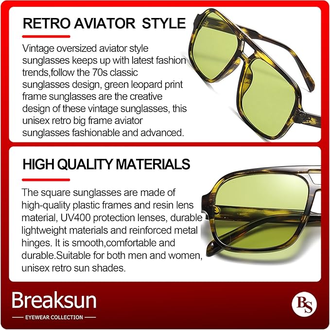 Retro Aviator Sunglasses for Women Men Trendy Classic 70s Square Green Aviator Sun Glasses Vintage Shades