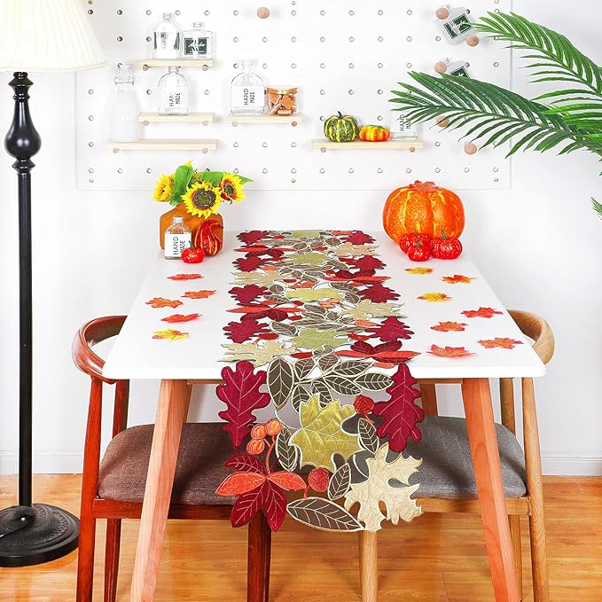 Tegeme Thanksgiving Table Runner 69 Inches Long Fall Autumn Harvest Embroidered Maple Leaves Table Runner 16 x 69 Inches Farmhouse Home Decorations Kitchen Dining Party Decor