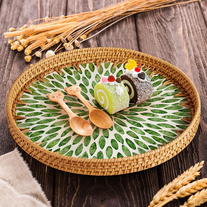 Round Rattan Serving Tray - Natural Handmade Woven Basket Trays with Mother of Pearl Inlay with Wooden Base Decorative Wicker Basket for Table Decor, Home Storage Display of Bread, Coffee, Fruit