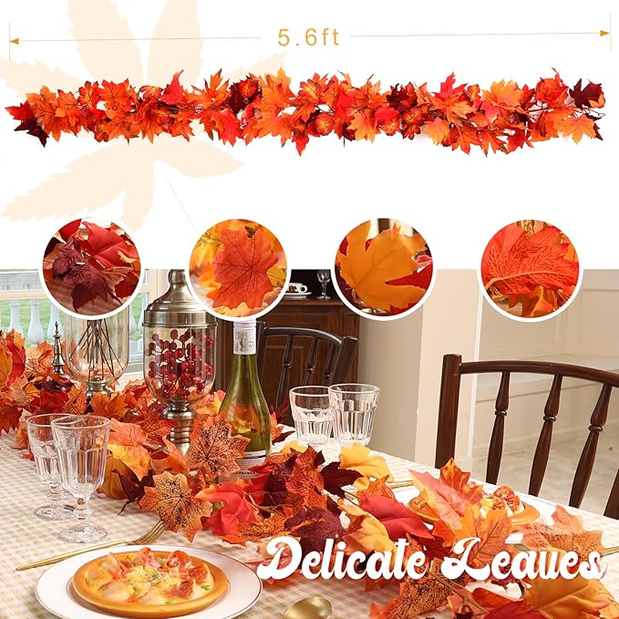 Joyhalo 6 Pack Fall Garland, Autumn Leaves Garland for Mantle Indoor Outdoor Fall Decor,Hanging Maple Leaf Foliage Vines for Fireplace, Front Door, Porch and Thanksgiving Decor