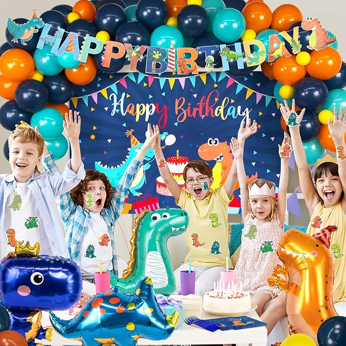 265 PCS Dinosaur Party Decorations, Blue Dinosaur Birthday Party Supplies for Boys Include Dino Balloons, Customized Backdrop, Happy Birthday Banner, Tablecloth, Plates, Cake Toppers