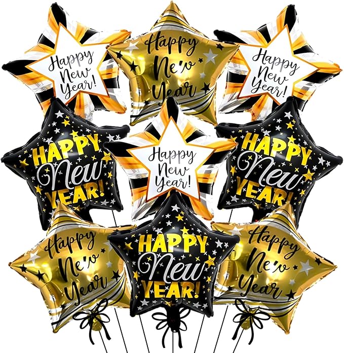 9pcs Happy New Year Balloons, Black and Gold Star Foil Balloon For 2026 New Years Eve Party Supplies